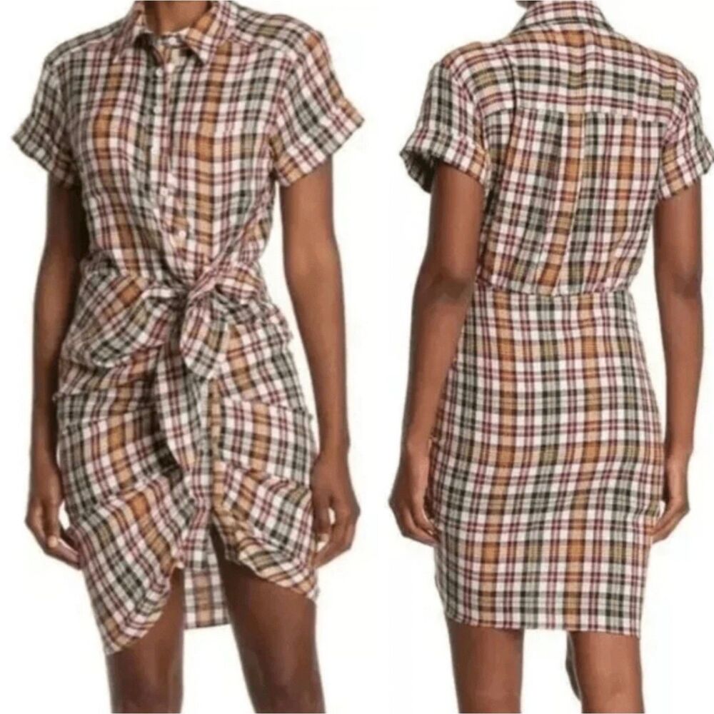VERONICA BEARD Sierra Plaid Ruched Tie Front Short Sleeve Shirt Dress Womens 0